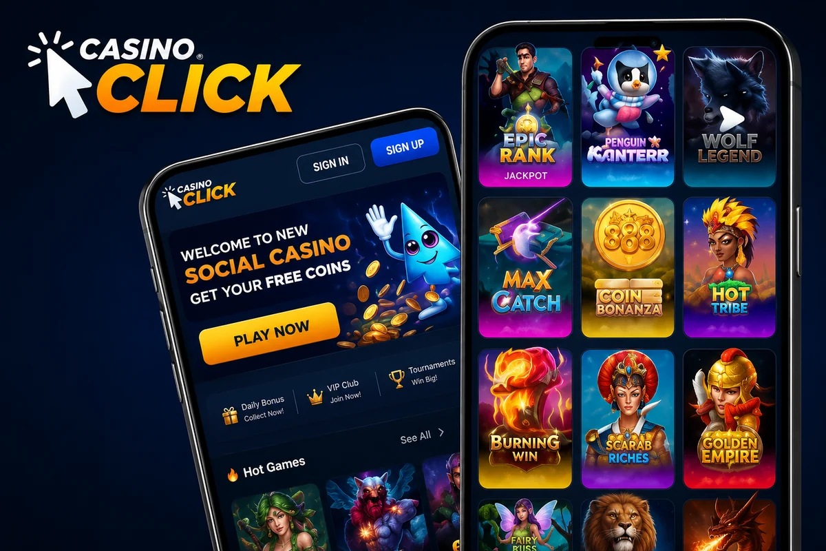 Casino Click running on two phones - social casino lobby and game grid