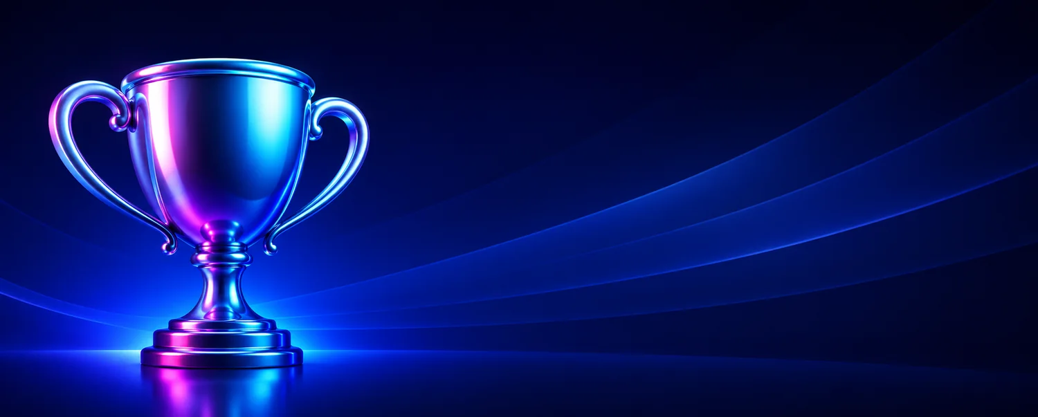 Casino Click jackpots - a glowing neon trophy on a dark background